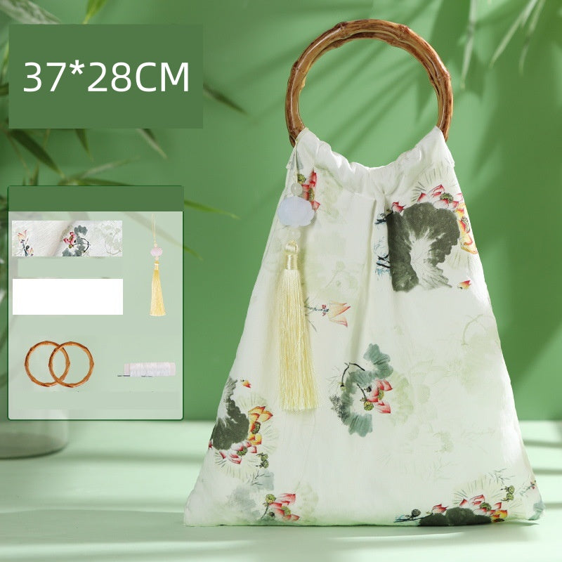 DIY Bamboo Handle Handbag Kit | Chinese Style Straw Woven Bag Craft Set with Fabric Materials | Handmade New Chinese Aesthetic Gift Bag