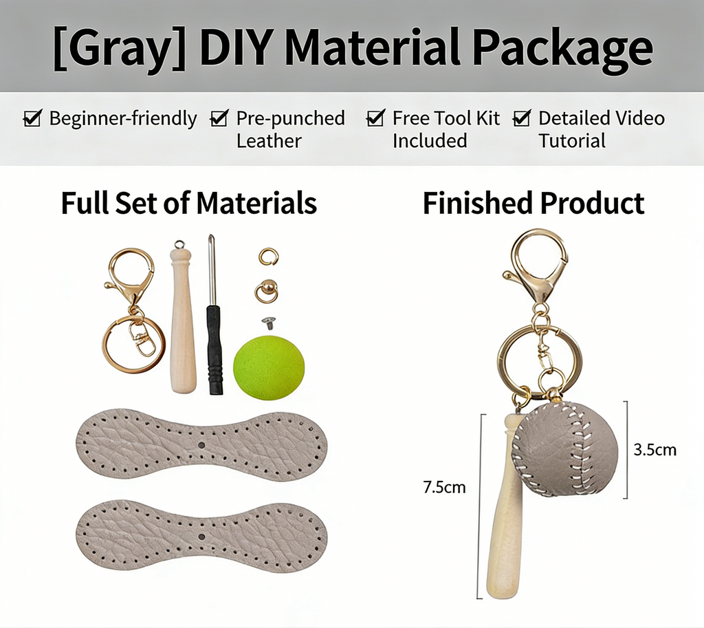 DIY Baseball Keychain Craft Kit | Beginner-Friendly Handmade Leather Gift Set | Pre-Cut Real Cowhide DIY Stitching Kit