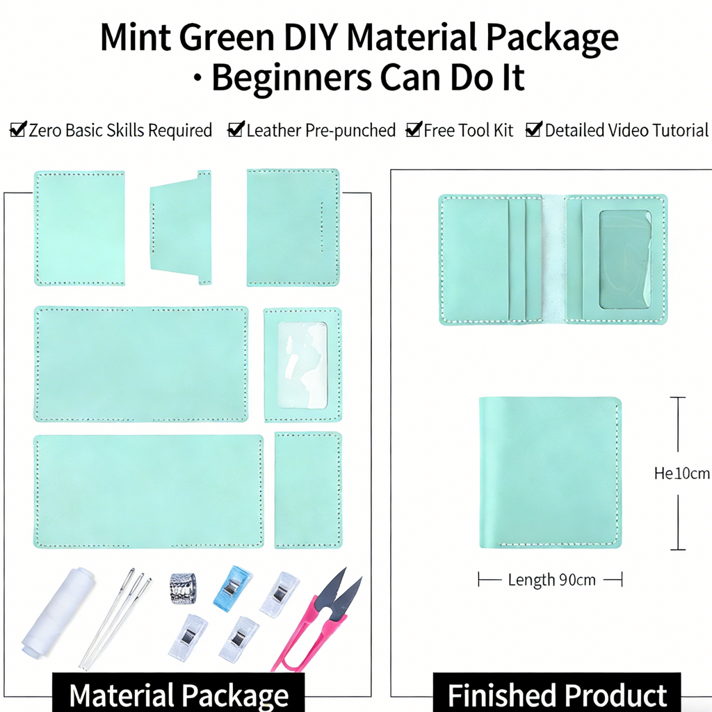 DIY Genuine Leather Vertical Bifold Wallet Kit for Beginners – Handmade Cowhide Wallet with Pre-Cut Pieces & Video Tutorial