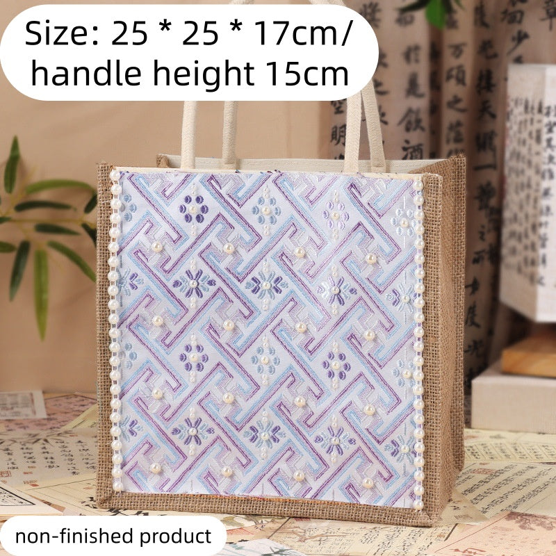 DIY Fabric Tote Bag Kit with Floral Brocade & Pearl Decoration | Handmade Canvas Handbag Craft Set Creative Gift