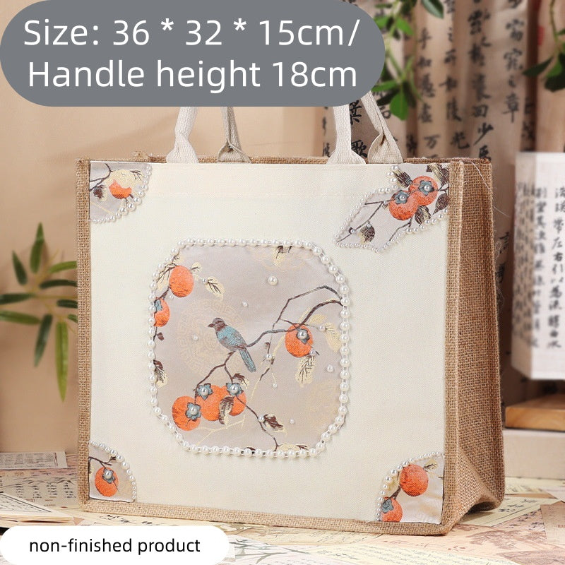 DIY Fabric Tote Bag Kit with Floral Brocade & Pearl Decoration | Handmade Canvas Handbag Craft Set Creative Gift