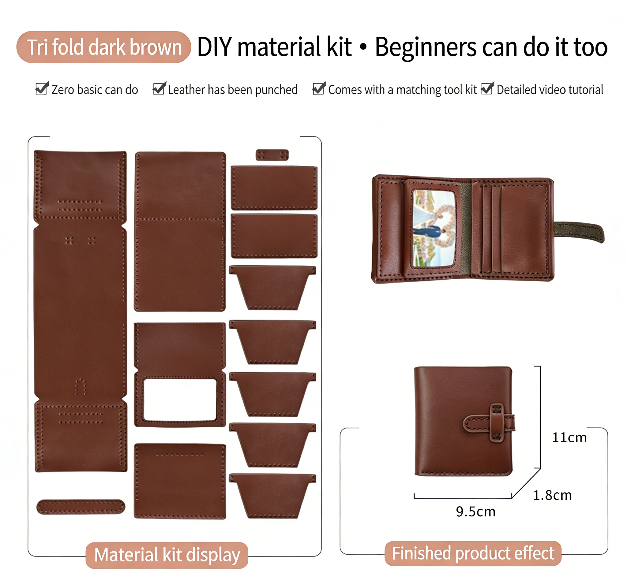 DIY Leather Wallet Kit for Beginners – Handmade Cowhide Bi-Fold & Tri-Fold Wallet Sewing Kit with Pre-Cut Leather and Video Tutorial