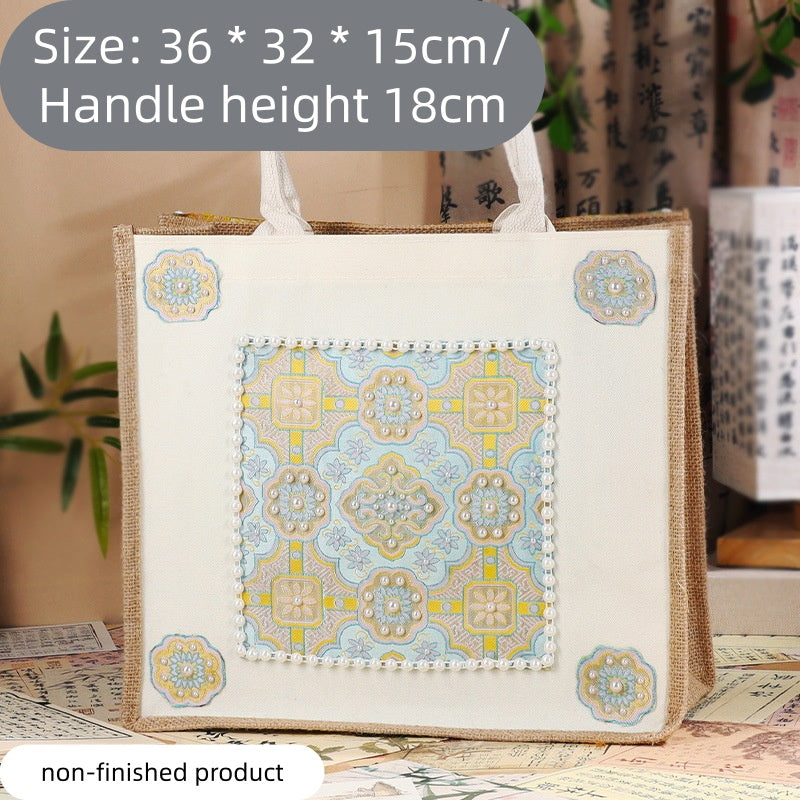 DIY Fabric Tote Bag Kit with Floral Brocade & Pearl Decoration | Handmade Canvas Handbag Craft Set Creative Gift
