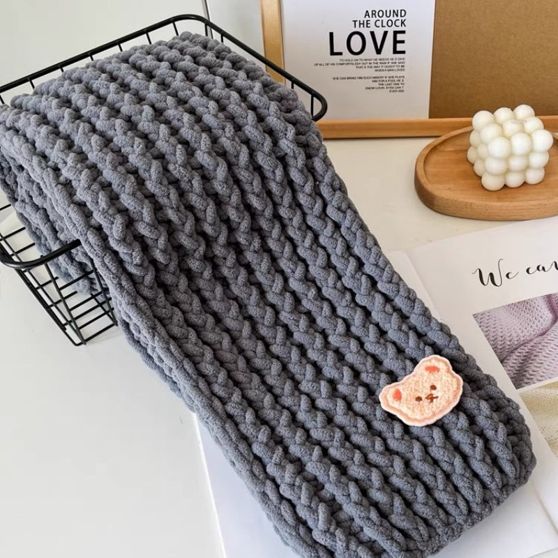 DIY Chunky Soft Yarn Knit Scarf Making Kit, Cute Bear Patch Warm Handmade Winter Scarf Craft Kit Multiple Color Options For Beginners