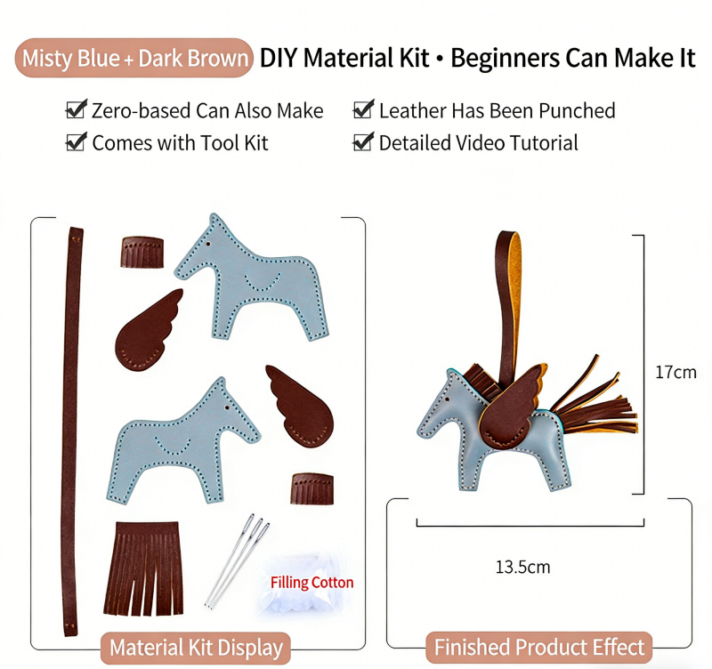 DIY Genuine Leather Pegasus Keychain Kit for Beginners – Handmade Bag Charm, Car Pendant & Key Ring Craft Set with Video Tutorial