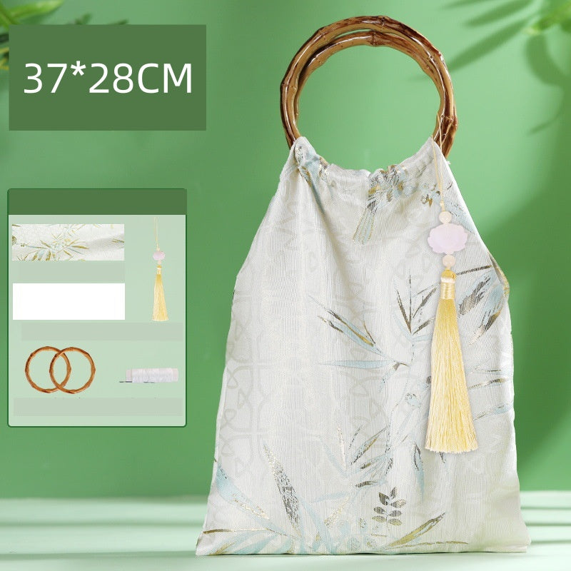 DIY Bamboo Handle Handbag Kit | Chinese Style Straw Woven Bag Craft Set with Fabric Materials | Handmade New Chinese Aesthetic Gift Bag