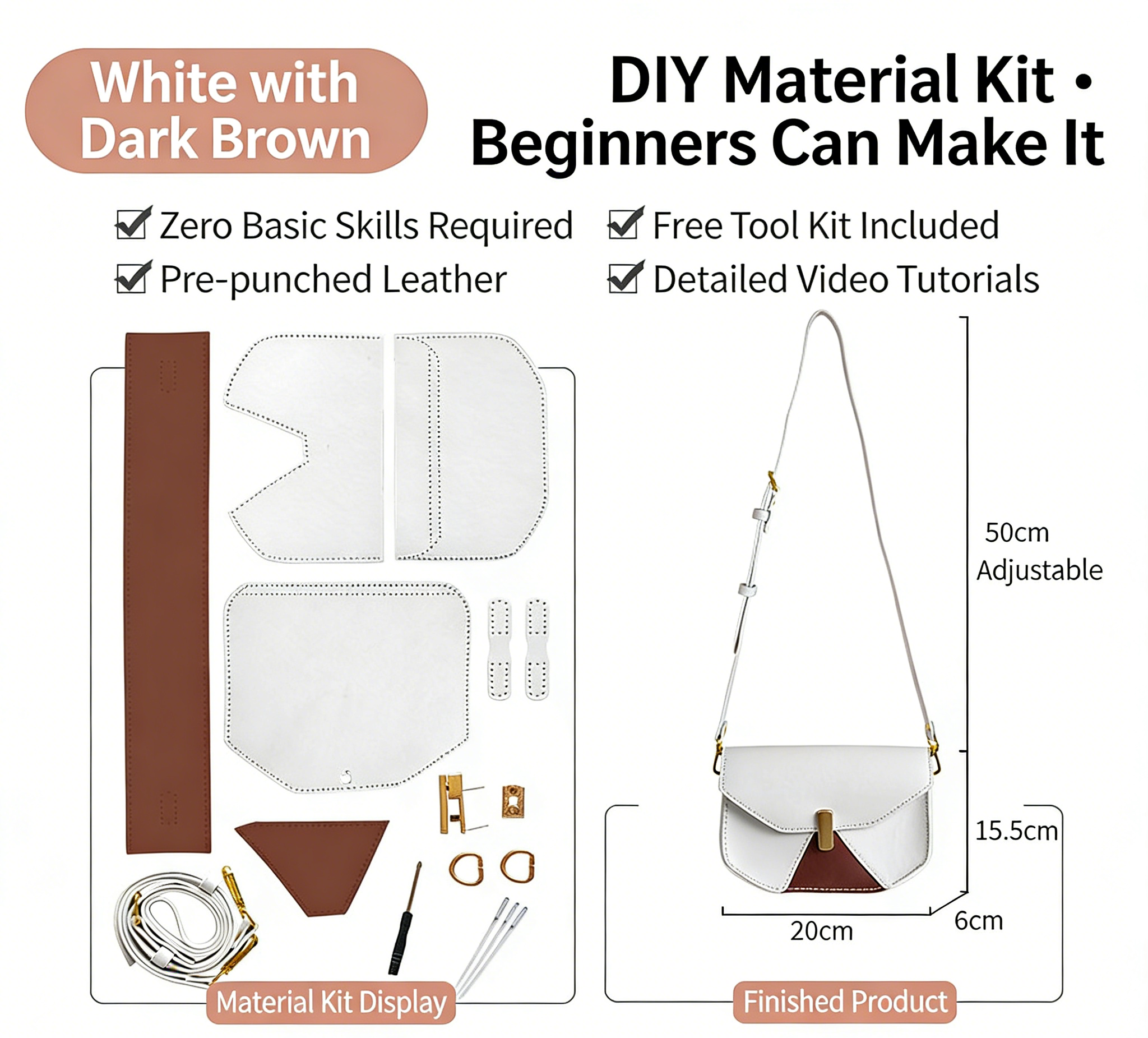 DIY Geometric Flap Genuine Leather Saddle Crossbody Bag Sewing Kit, Multi Color Adjustable Strap Shoulder Bag Handmade Craft Gift For Women