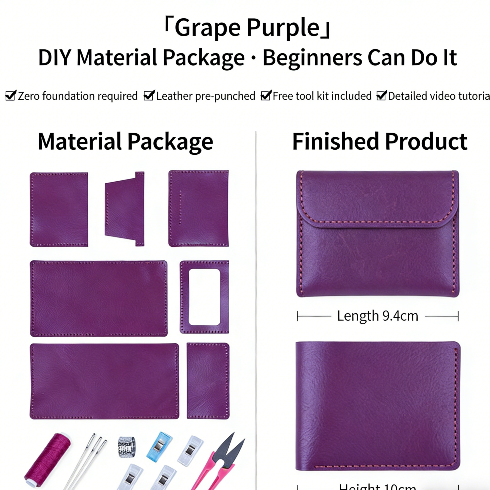 DIY Genuine Leather Vertical Bifold Wallet Kit for Beginners – Handmade Cowhide Wallet with Pre-Cut Pieces & Video Tutorial