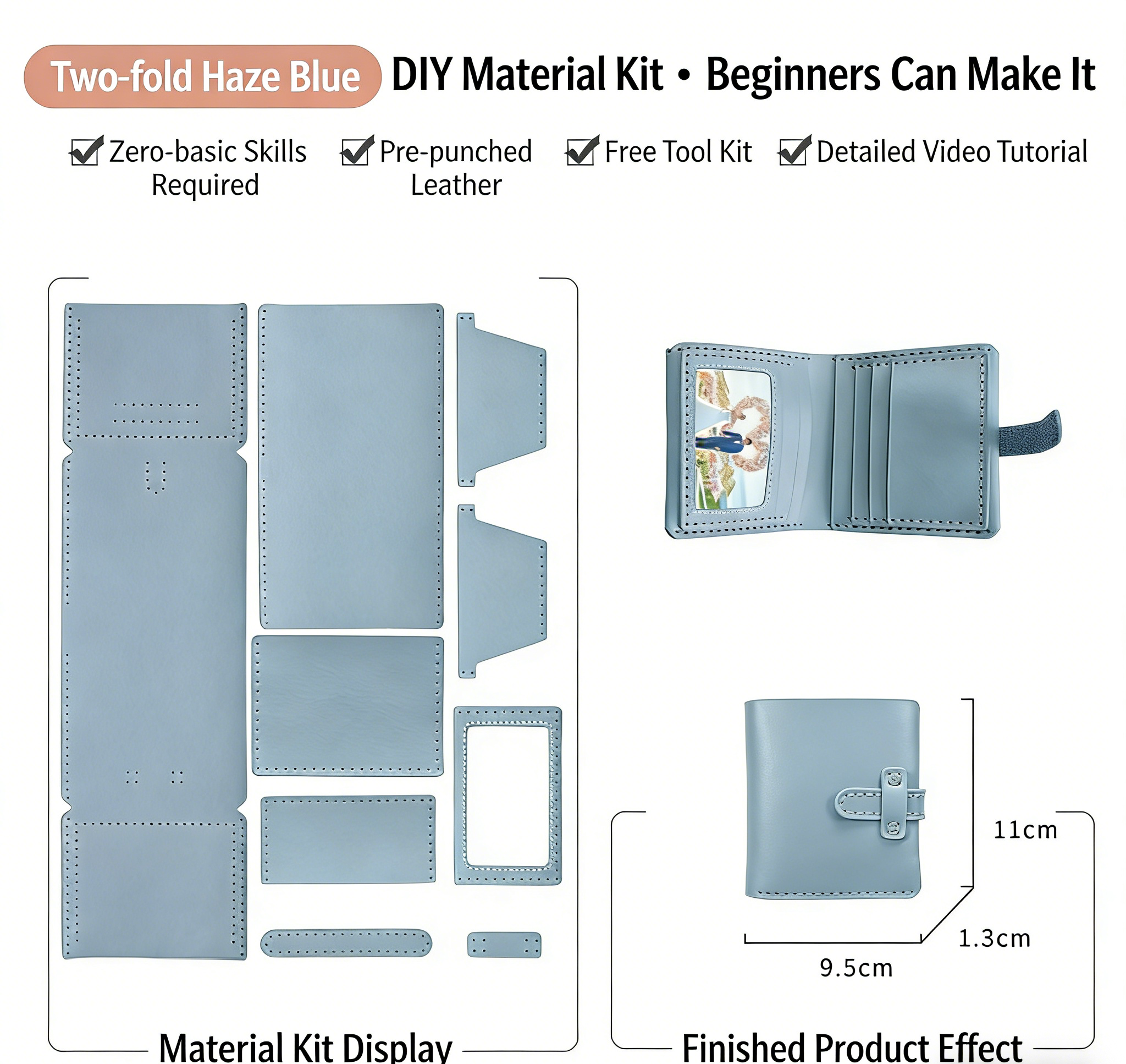DIY Leather Wallet Kit for Beginners – Handmade Cowhide Bi-Fold & Tri-Fold Wallet Sewing Kit with Pre-Cut Leather and Video Tutorial