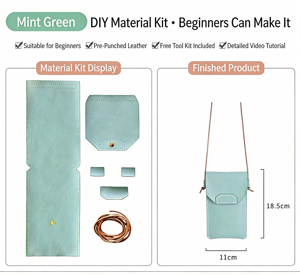 DIY Genuine Leather Phone Bag Kit – Handmade Crossbody Phone Pouch Sewing Kit for Beginners with Video Tutorial
