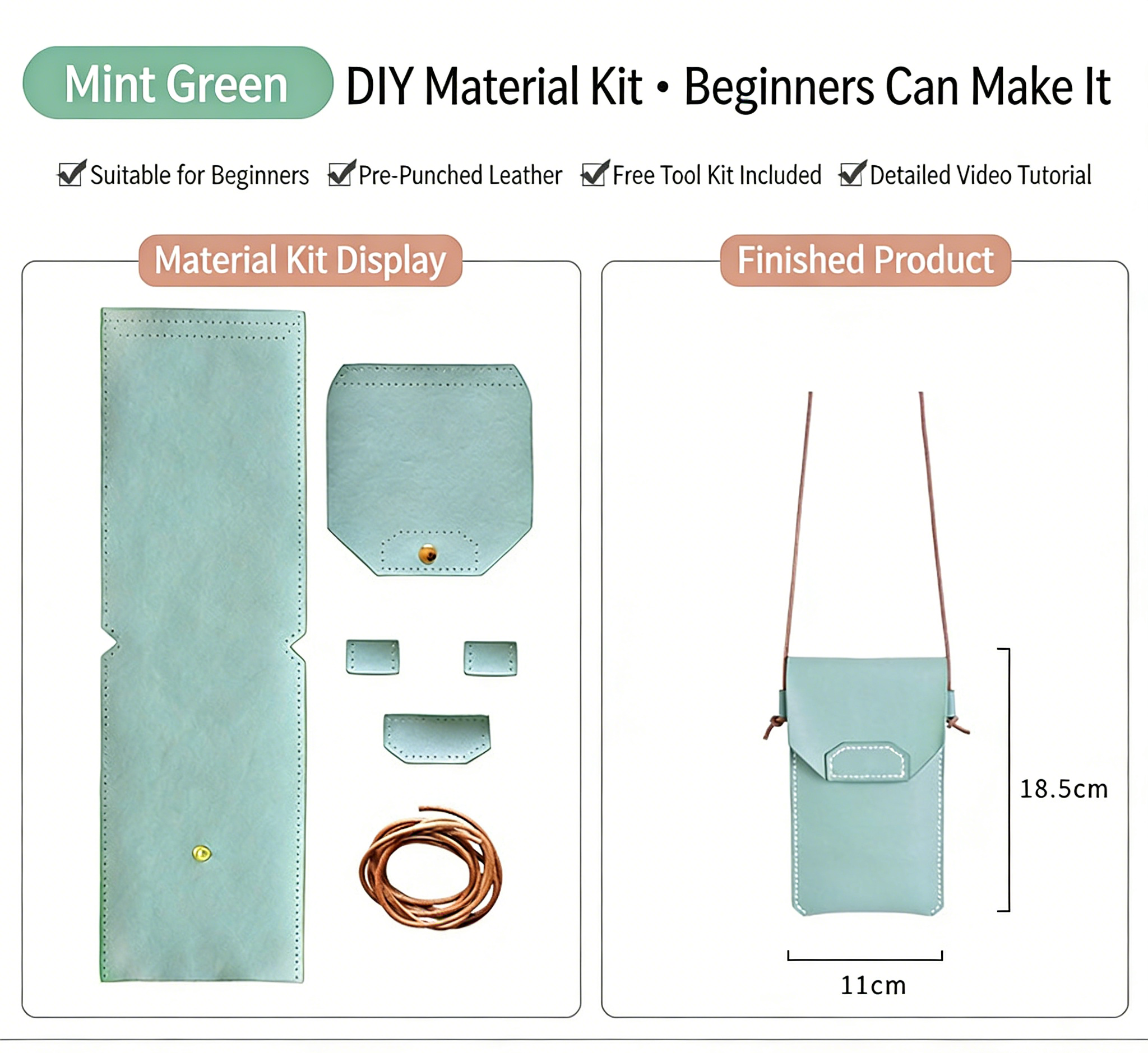 DIY Genuine Leather Phone Bag Kit – Handmade Crossbody Phone Pouch Sewing Kit for Beginners with Video Tutorial