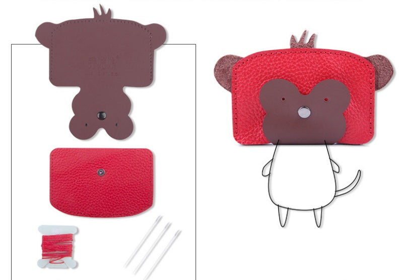 DIY Monkey Leather Card Holder Kit for Beginners – Cute Handmade Cowhide Card Wallet with Video Tutorial & Complete Sewing Kit