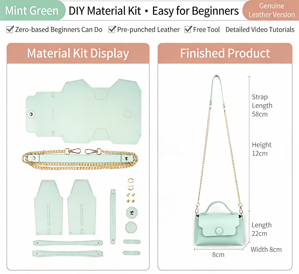 DIY Leather Shoulder Bag Kit for Beginners – Handmade Crossbody Purse with Video Tutorial, Pre-Cut Cowhide Craft Gift