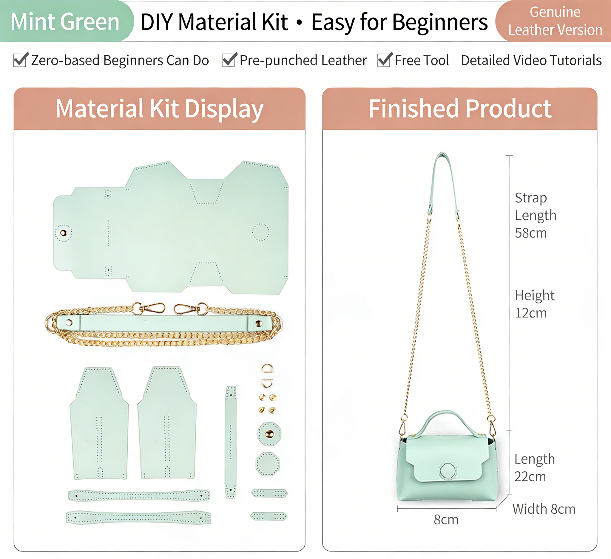 DIY Leather Shoulder Bag Kit for Beginners – Handmade Crossbody Purse with Video Tutorial, Pre-Cut Cowhide Craft Gift