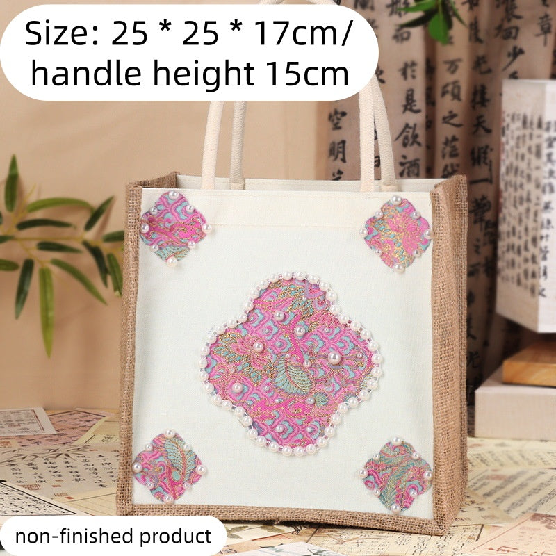 DIY Fabric Tote Bag Kit with Floral Brocade & Pearl Decoration | Handmade Canvas Handbag Craft Set Creative Gift