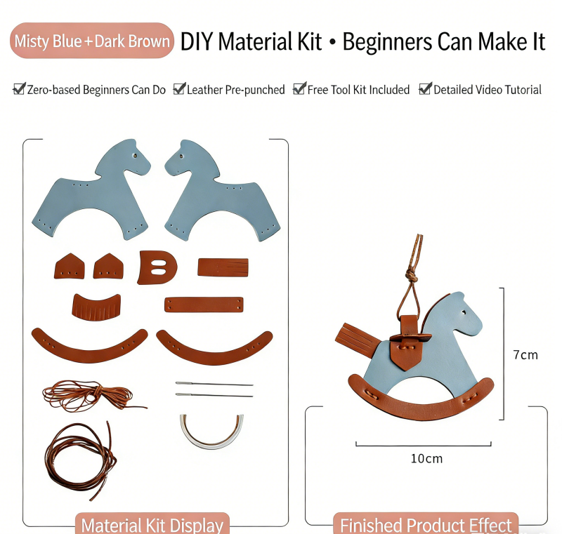 DIY Rocking Horse Keychain Kit for Beginners – Handmade PU Leather Bag Charm & Key Pendant with Video Tutorial