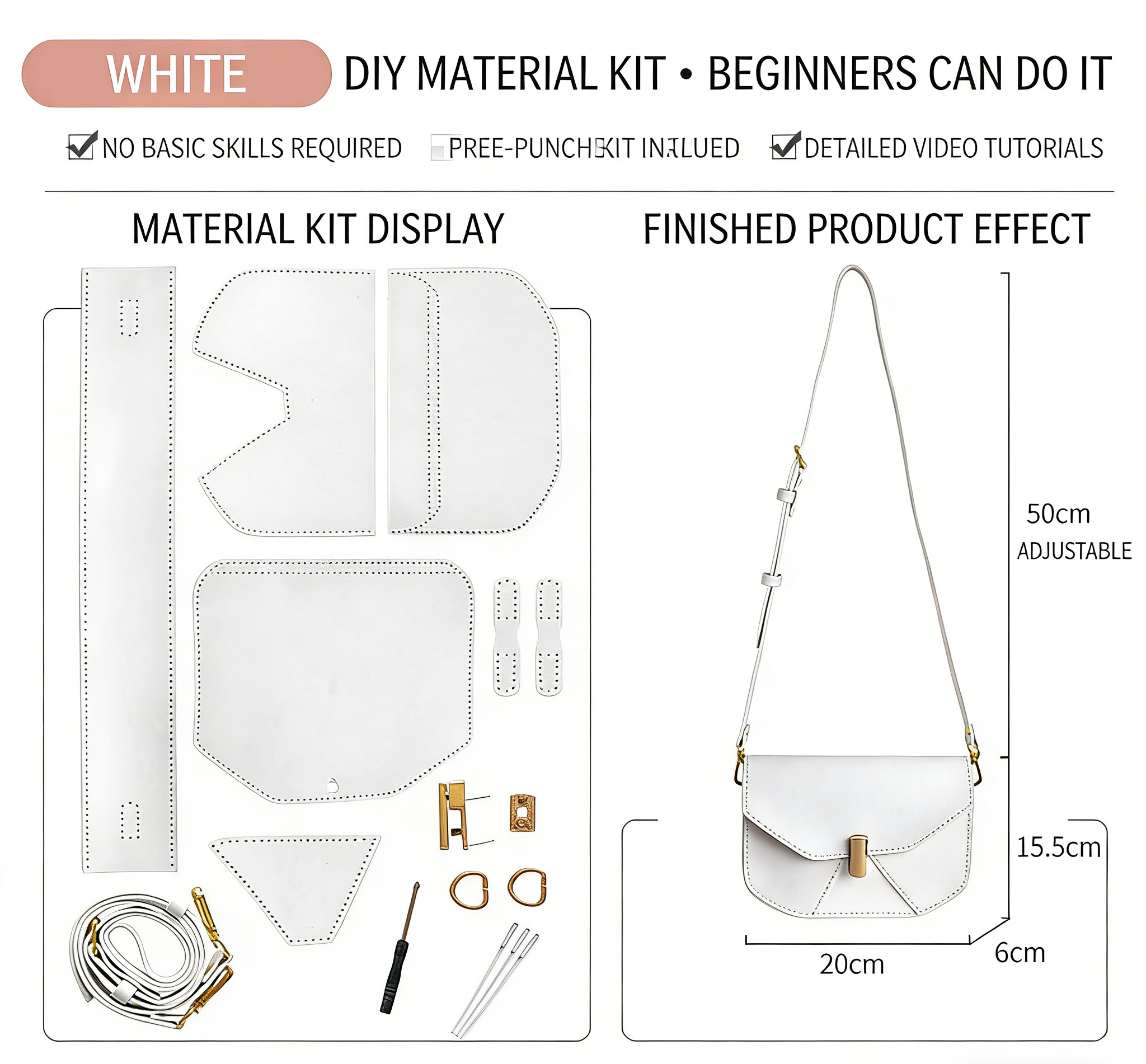 DIY Geometric Flap Genuine Leather Saddle Crossbody Bag Sewing Kit, Multi Color Adjustable Strap Shoulder Bag Handmade Craft Gift For Women