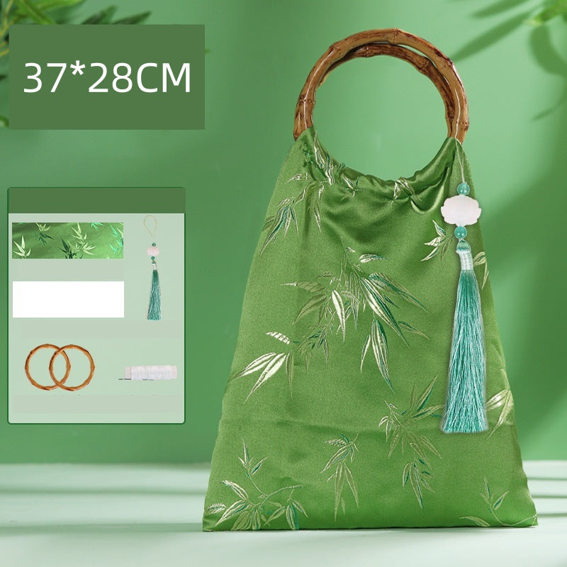DIY Bamboo Handle Handbag Kit | Chinese Style Straw Woven Bag Craft Set with Fabric Materials | Handmade New Chinese Aesthetic Gift Bag