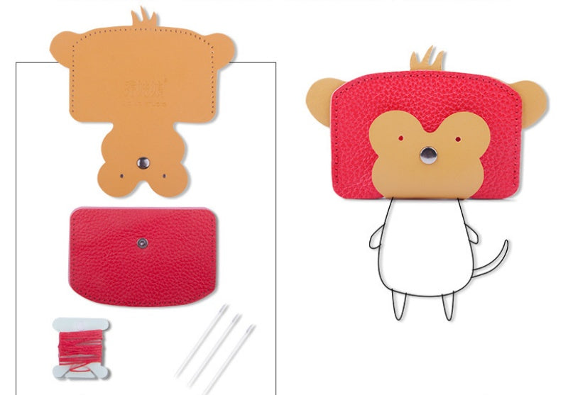 DIY Monkey Leather Card Holder Kit for Beginners – Cute Handmade Cowhide Card Wallet with Video Tutorial & Complete Sewing Kit