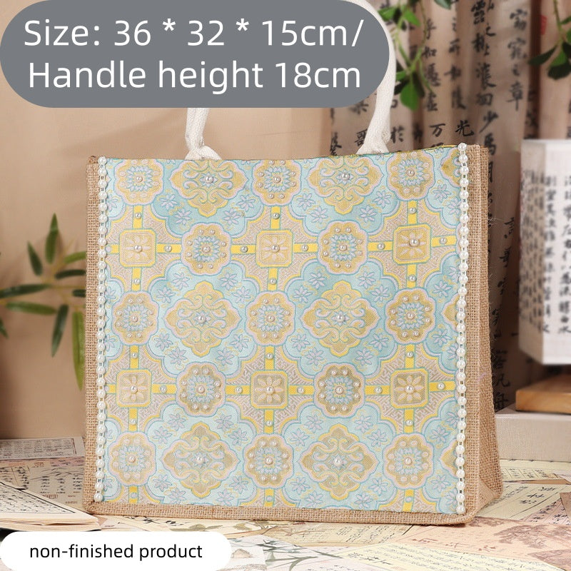 DIY Fabric Tote Bag Kit with Floral Brocade & Pearl Decoration | Handmade Canvas Handbag Craft Set Creative Gift