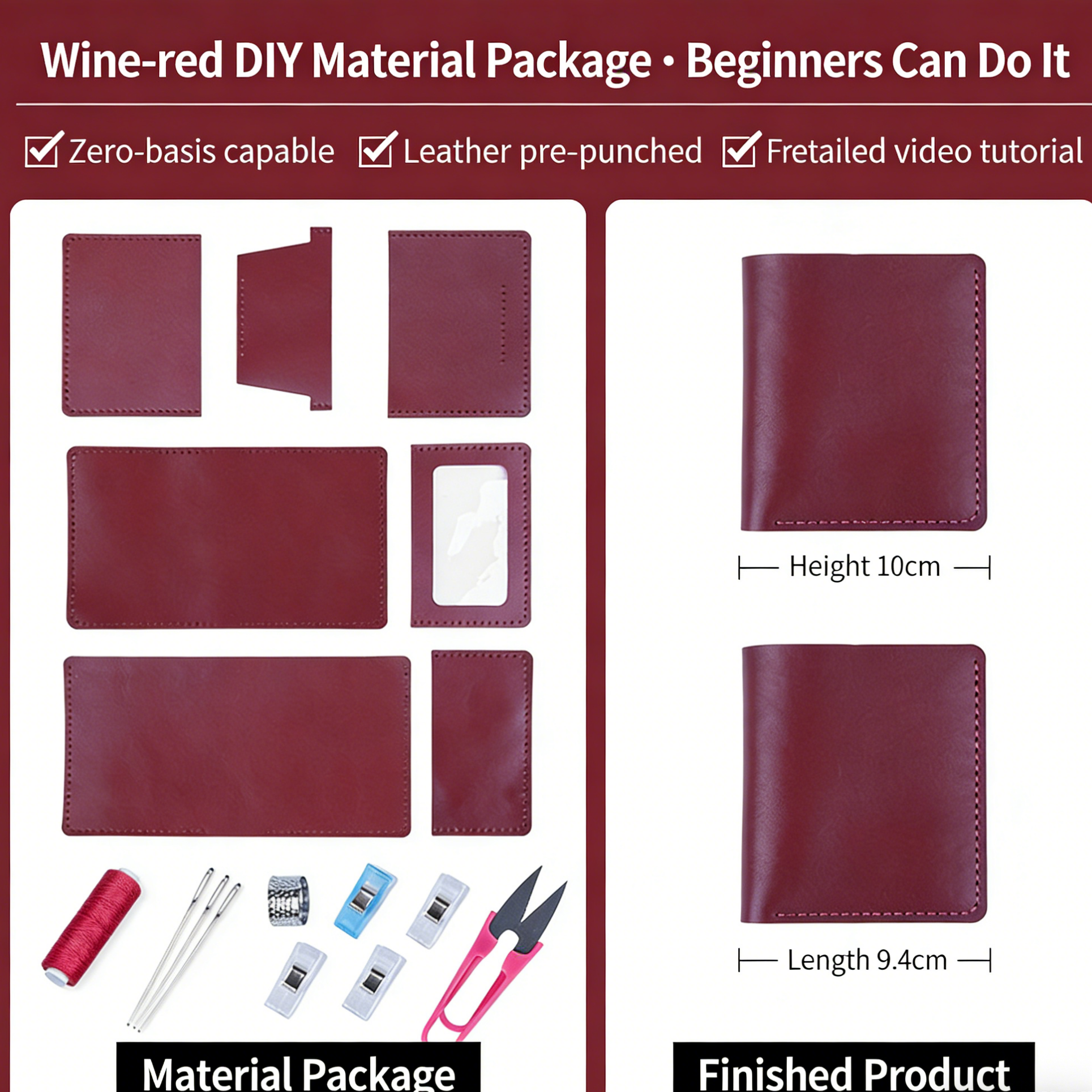 DIY Genuine Leather Vertical Bifold Wallet Kit for Beginners – Handmade Cowhide Wallet with Pre-Cut Pieces & Video Tutorial