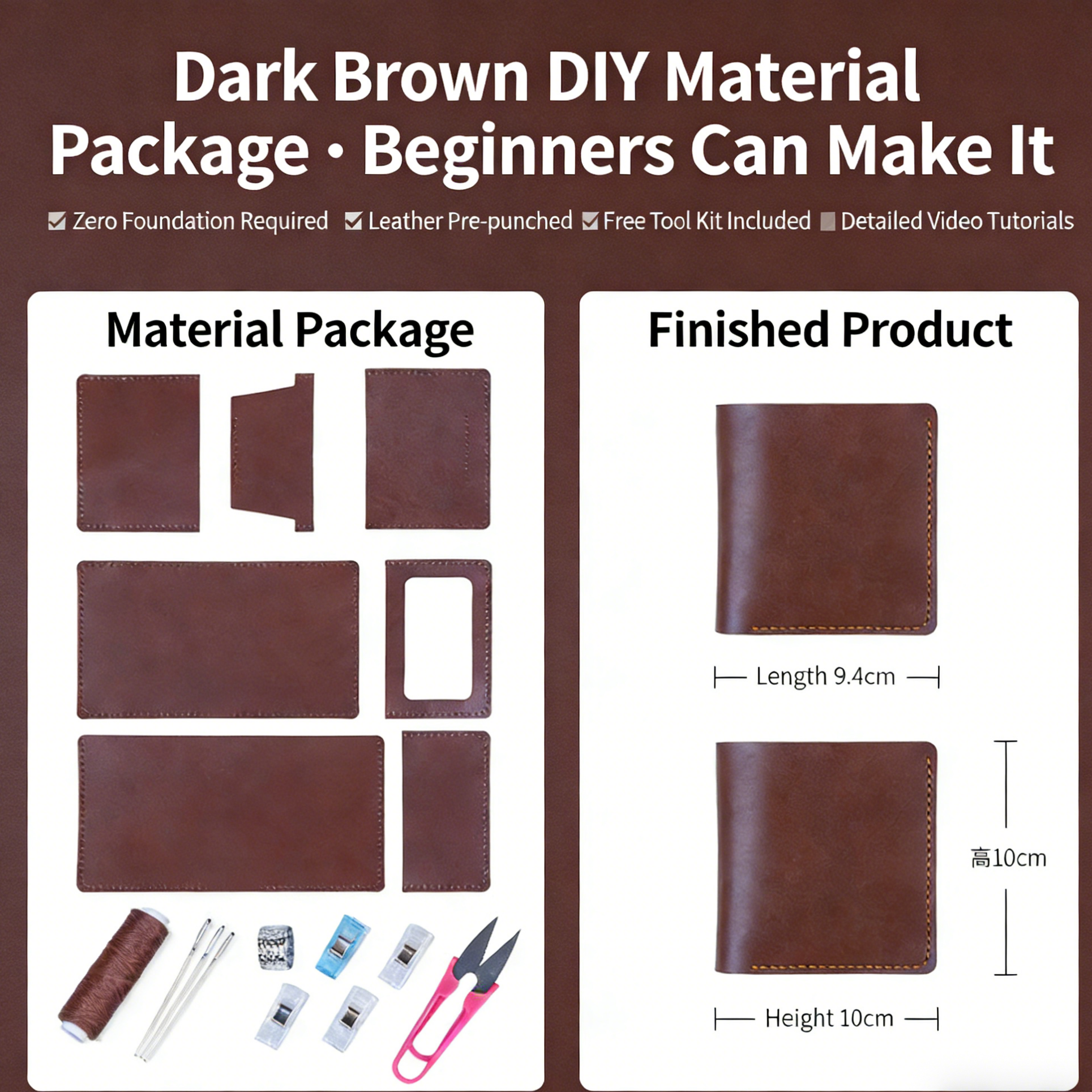 DIY Genuine Leather Vertical Bifold Wallet Kit for Beginners – Handmade Cowhide Wallet with Pre-Cut Pieces & Video Tutorial