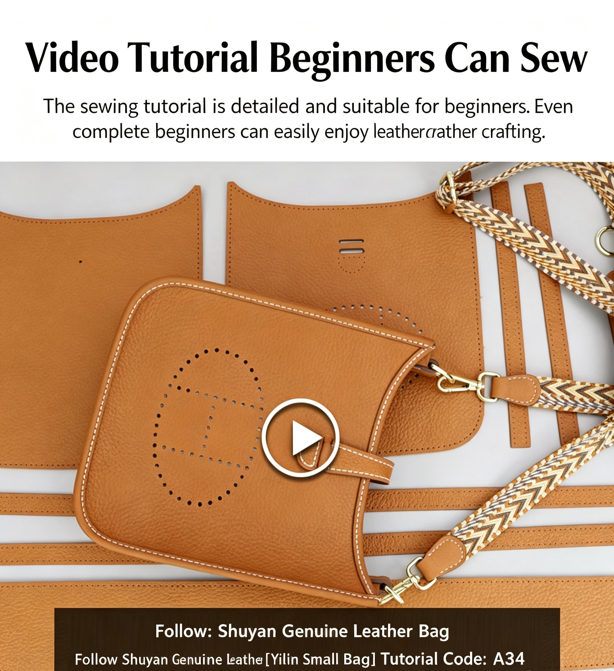 DIY Leather Crossbody Bag Kit for Beginners, Handmade Cowhide Shoulder Bag Sewing Kit, Pre-Cut Leather Craft Kit with Video Tutorial