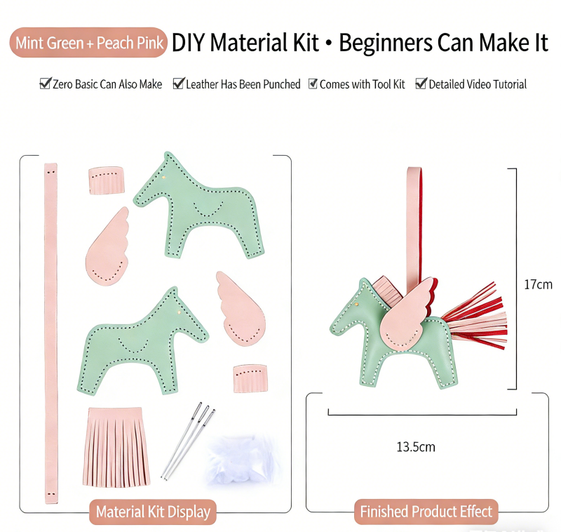DIY Genuine Leather Pegasus Keychain Kit for Beginners – Handmade Bag Charm, Car Pendant & Key Ring Craft Set with Video Tutorial