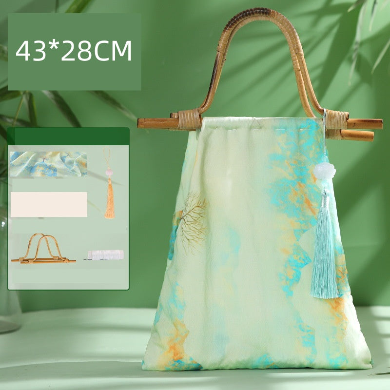 DIY Bamboo Handle Handbag Kit | Chinese Style Straw Woven Bag Craft Set with Fabric Materials | Handmade New Chinese Aesthetic Gift Bag