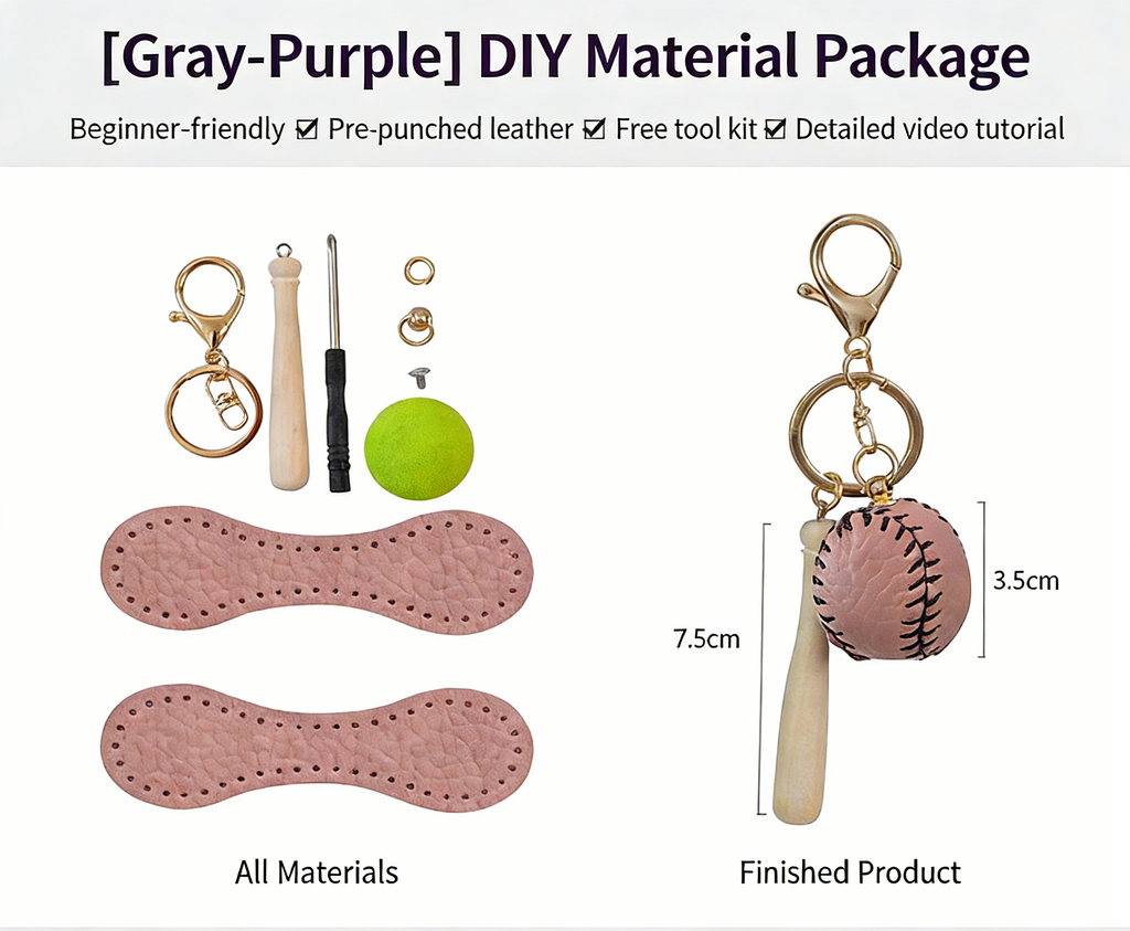 DIY Baseball Keychain Craft Kit | Beginner-Friendly Handmade Leather Gift Set | Pre-Cut Real Cowhide DIY Stitching Kit
