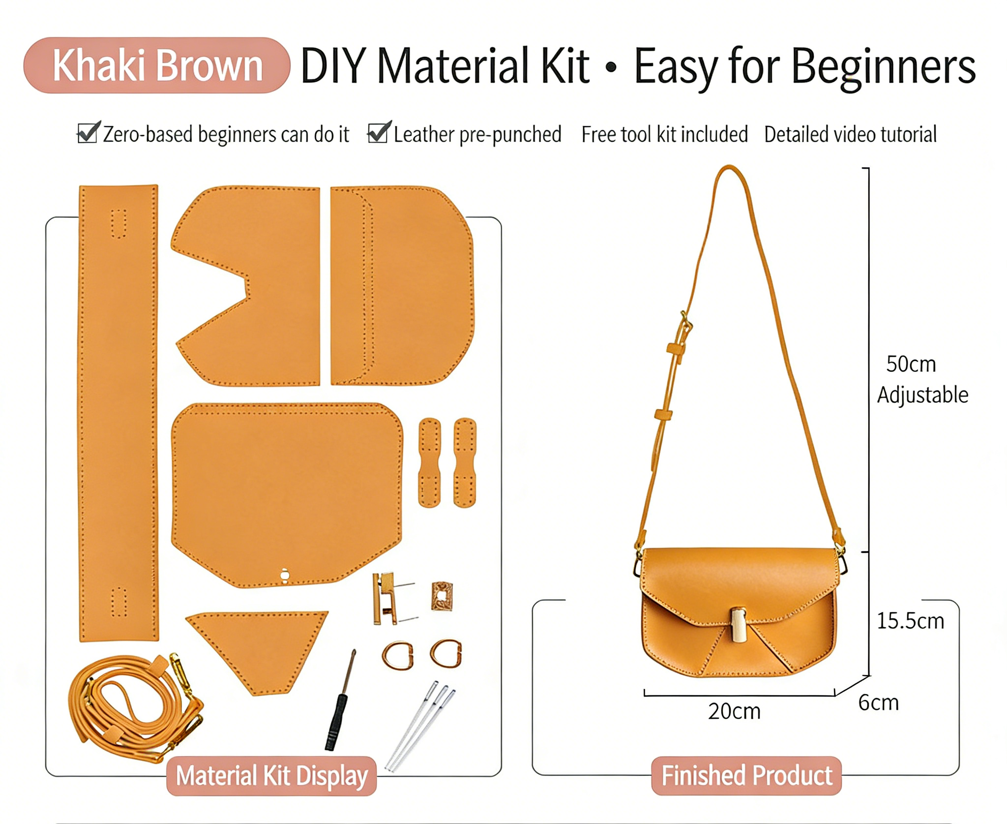 DIY Geometric Flap Genuine Leather Saddle Crossbody Bag Sewing Kit, Multi Color Adjustable Strap Shoulder Bag Handmade Craft Gift For Women