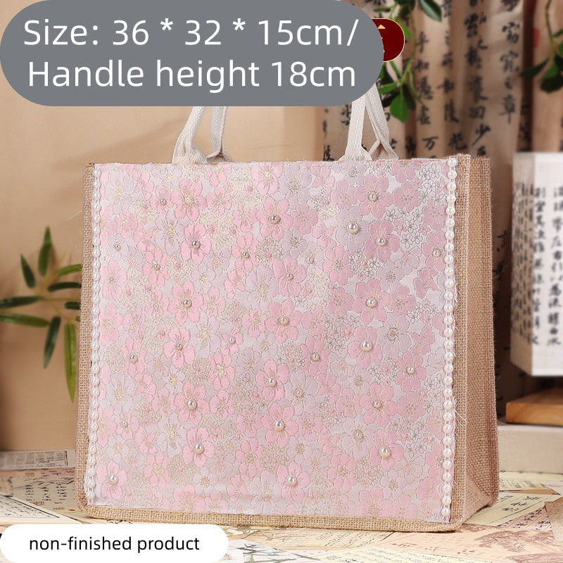 DIY Fabric Tote Bag Kit with Floral Brocade & Pearl Decoration | Handmade Canvas Handbag Craft Set Creative Gift