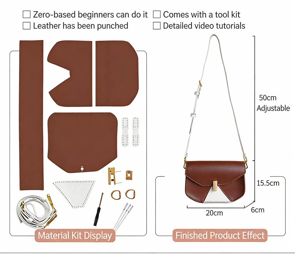 DIY Geometric Flap Genuine Leather Saddle Crossbody Bag Sewing Kit, Multi Color Adjustable Strap Shoulder Bag Handmade Craft Gift For Women