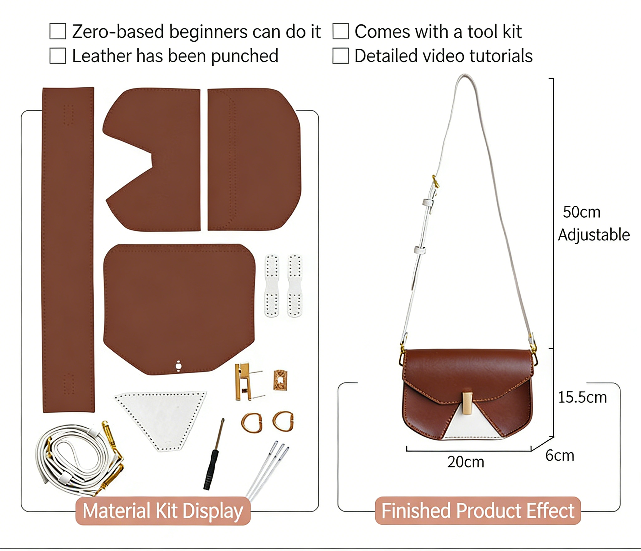DIY Geometric Flap Genuine Leather Saddle Crossbody Bag Sewing Kit, Multi Color Adjustable Strap Shoulder Bag Handmade Craft Gift For Women