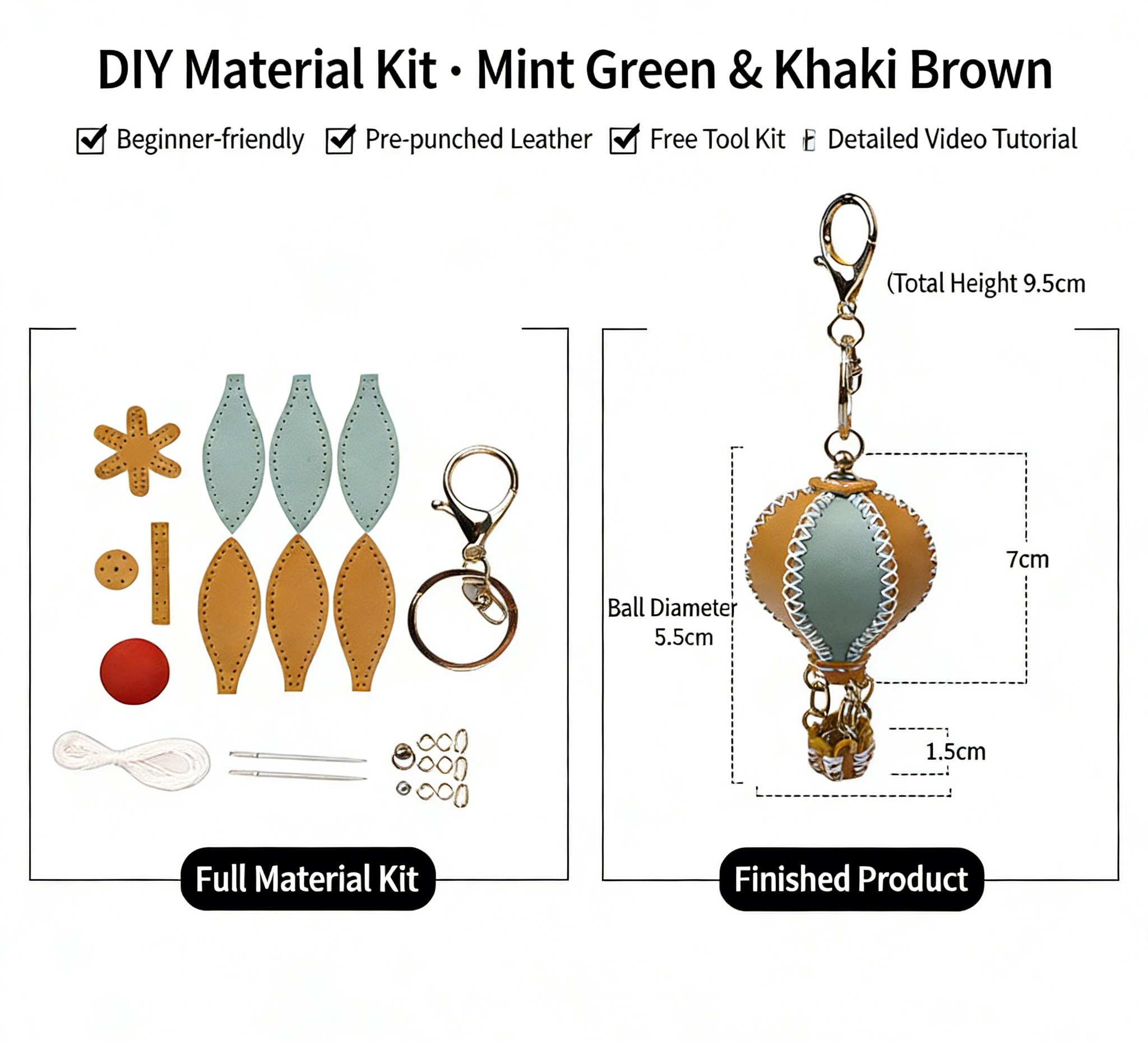 DIY Genuine Leather Keychain Charm Kit for Beginners – Handmade Bag Charm & Keyring Craft Kit with Pre-Cut Materials and Video Tutorial
