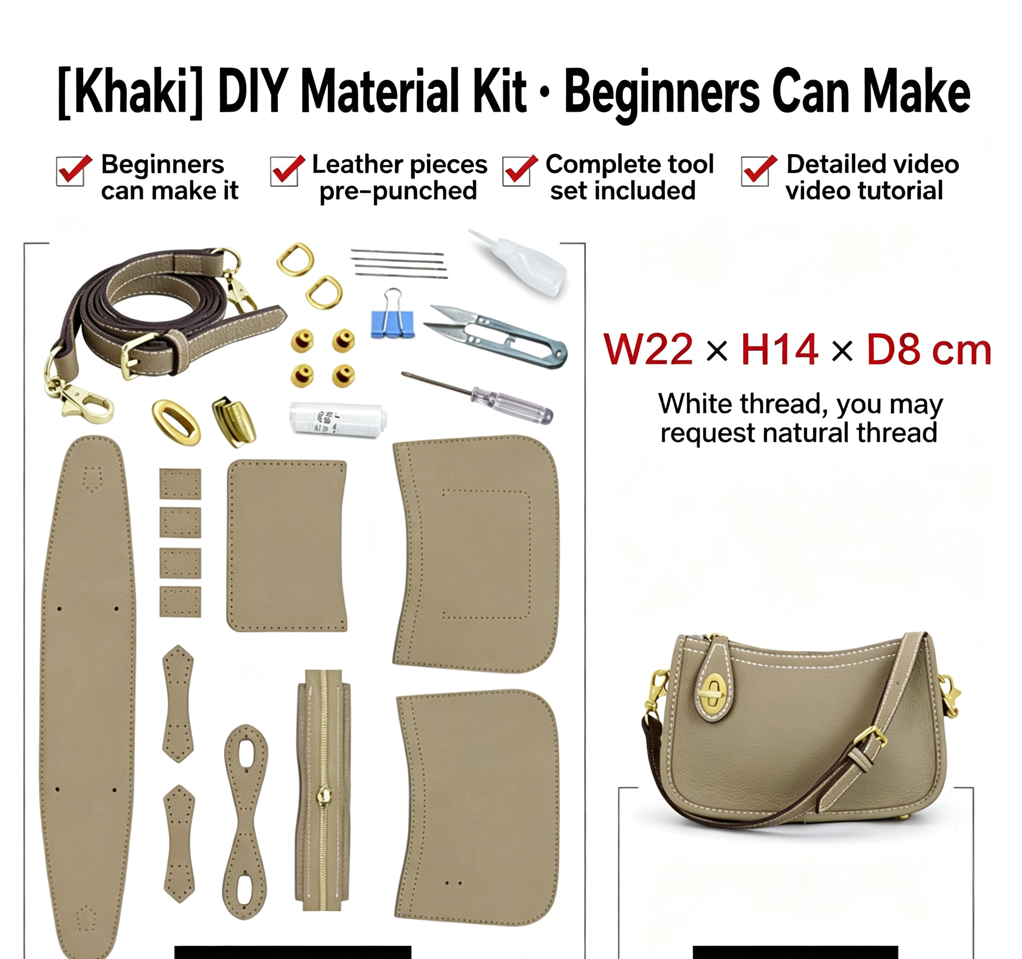 DIY Leather Bucket Bag Kit for Beginners – Genuine Leather Crossbody Purse Making Set with Video Tutorial & Complete Materials