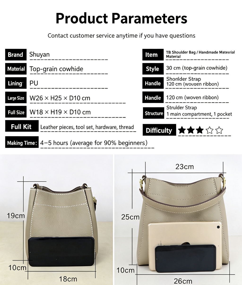 DIY Leather Bucket Bag Kit for Beginners – Genuine Leather Crossbody Purse Making Set with Video Tutorial & Complete Materials