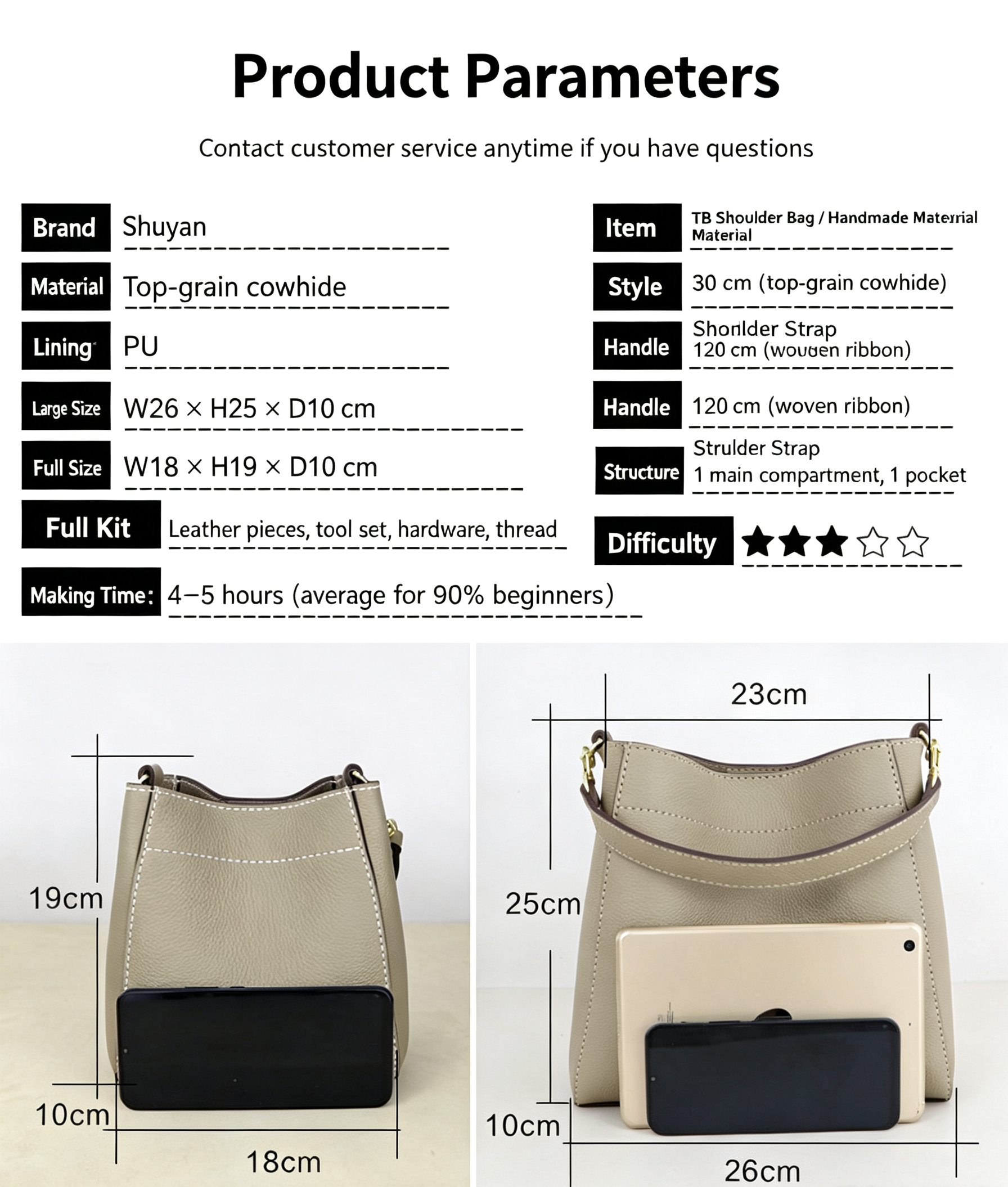 DIY Leather Bucket Bag Kit for Beginners – Genuine Leather Crossbody Purse Making Set with Video Tutorial & Complete Materials