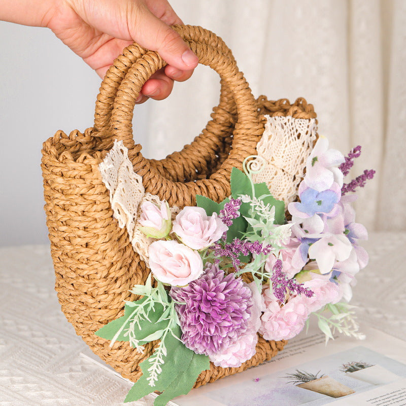 DIY Floral Straw Tote Bag Kit for Mother’s Day | Handmade Woven Handbag Craft Set with Artificial Flowers | Beginner Friendly 8-Minute DIY Gift Bag