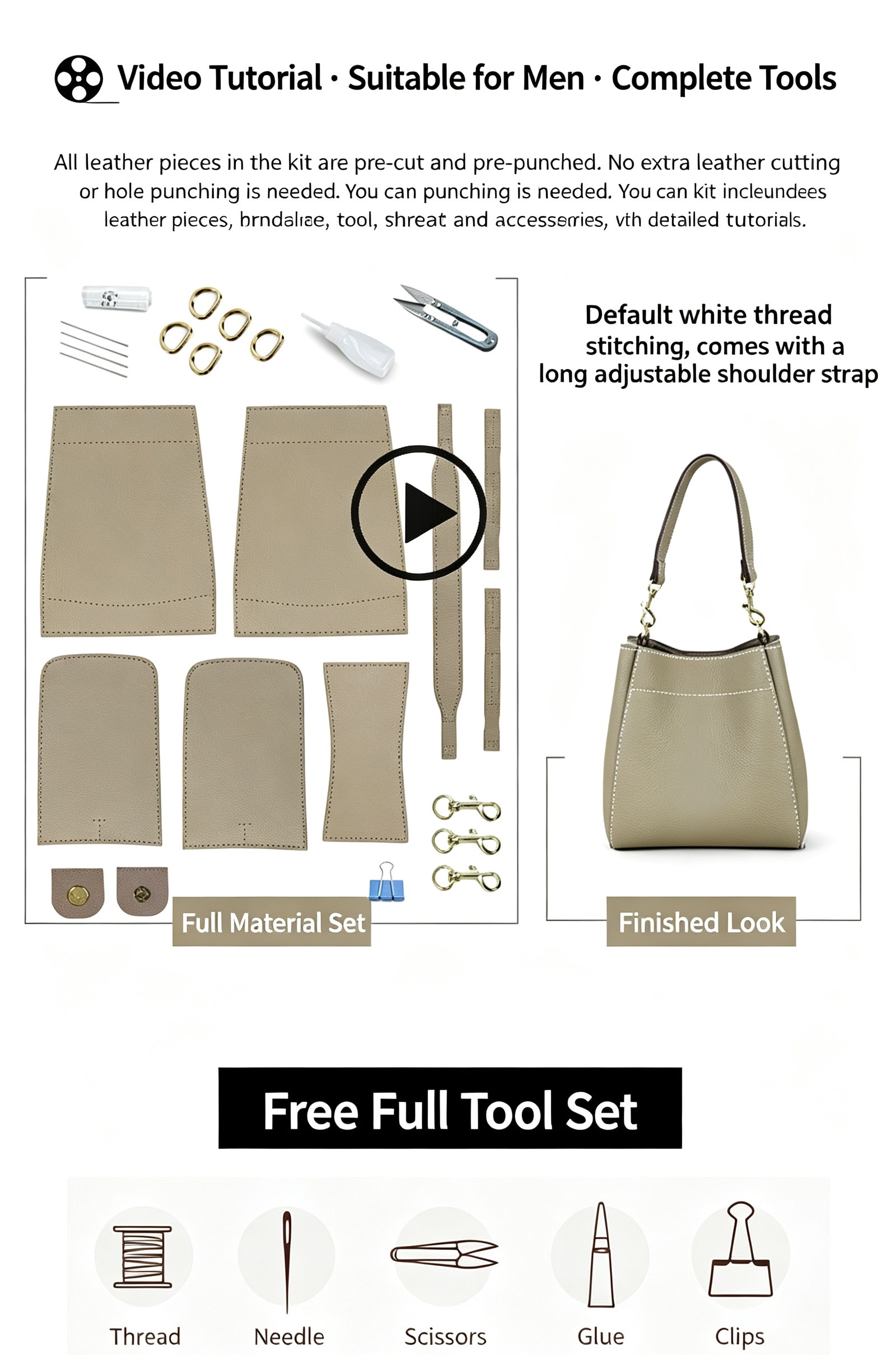 DIY Leather Bucket Bag Kit for Beginners – Genuine Leather Crossbody Purse Making Set with Video Tutorial & Complete Materials