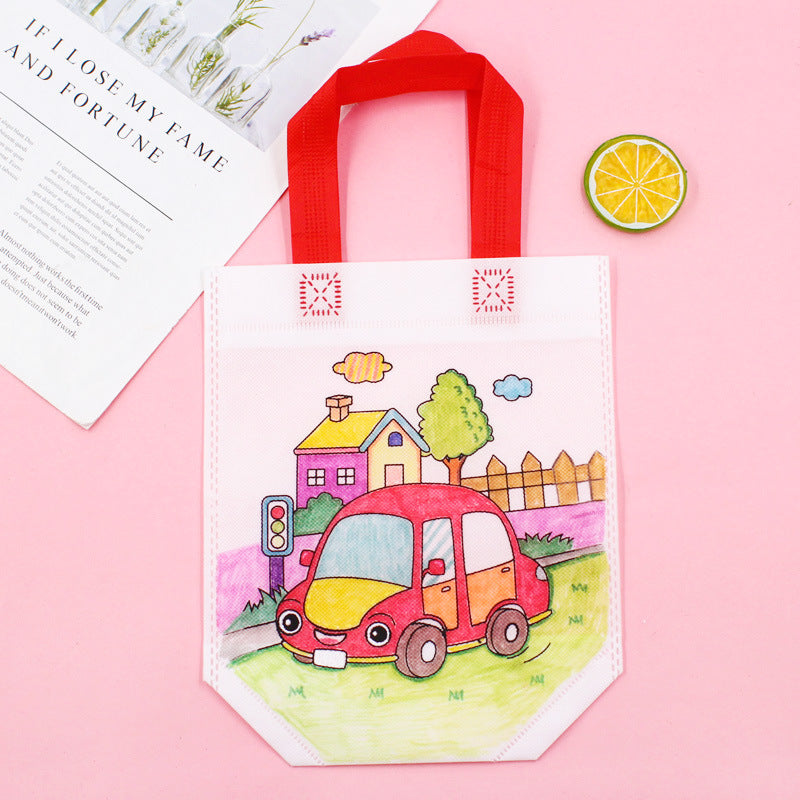 DIY Cartoon Coloring Tote Bag Kit for Kids – Creative Non-Woven Fabric Painting Handbag with Markers