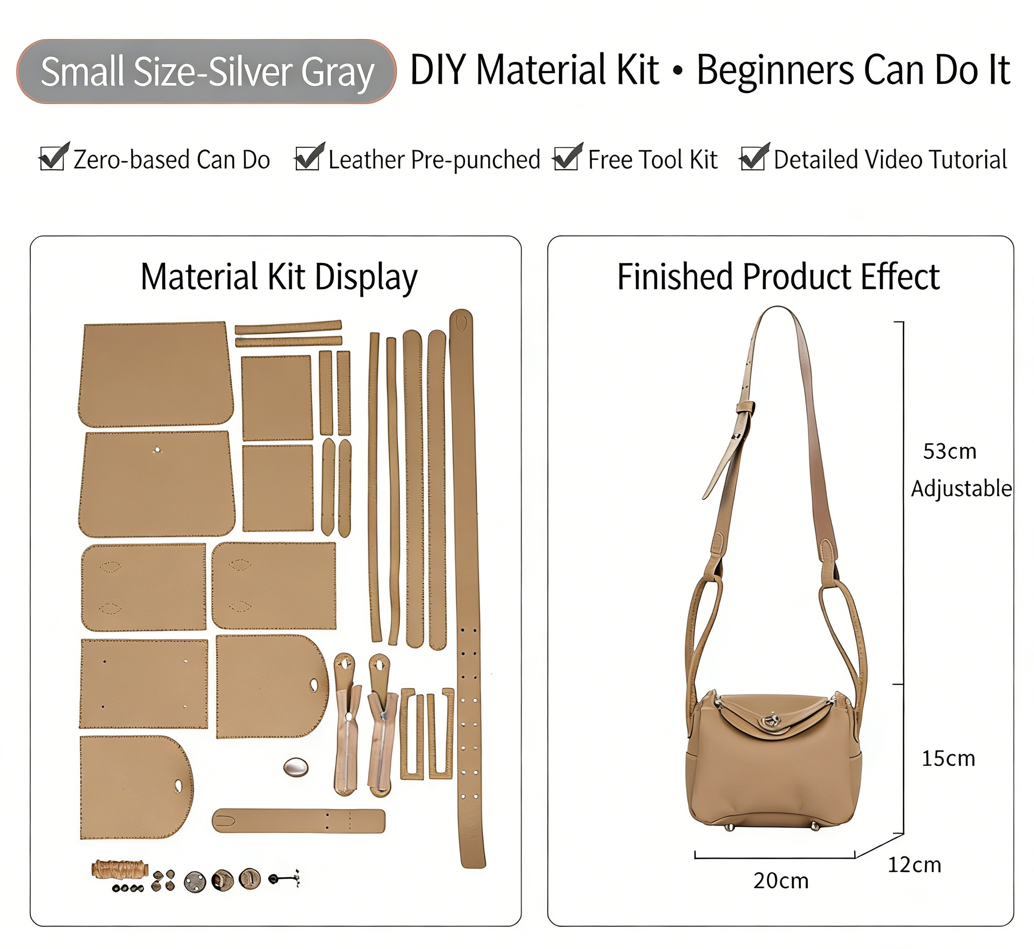 DIY Genuine Leather Shoulder Bag Kit – Handmade Cowhide Crossbody Bag Craft Set for Beginners (Small & Large Size, Video Tutorial Included)