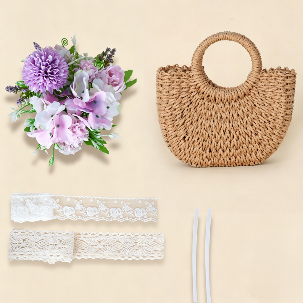 DIY Floral Straw Tote Bag Kit for Mother’s Day | Handmade Woven Handbag Craft Set with Artificial Flowers | Beginner Friendly 8-Minute DIY Gift Bag
