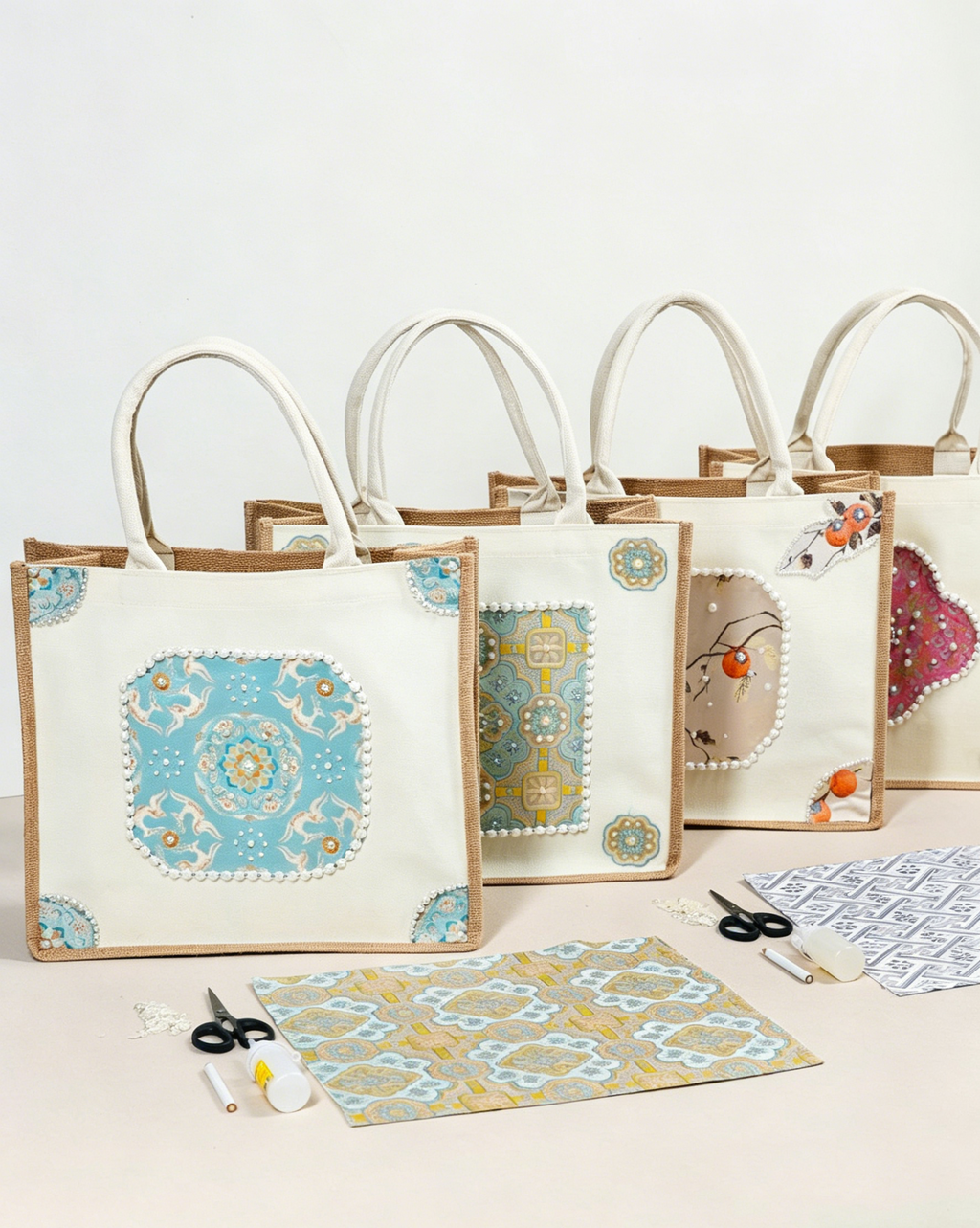 DIY Fabric Tote Bag Kit with Floral Brocade & Pearl Decoration | Handmade Canvas Handbag Craft Set Creative Gift
