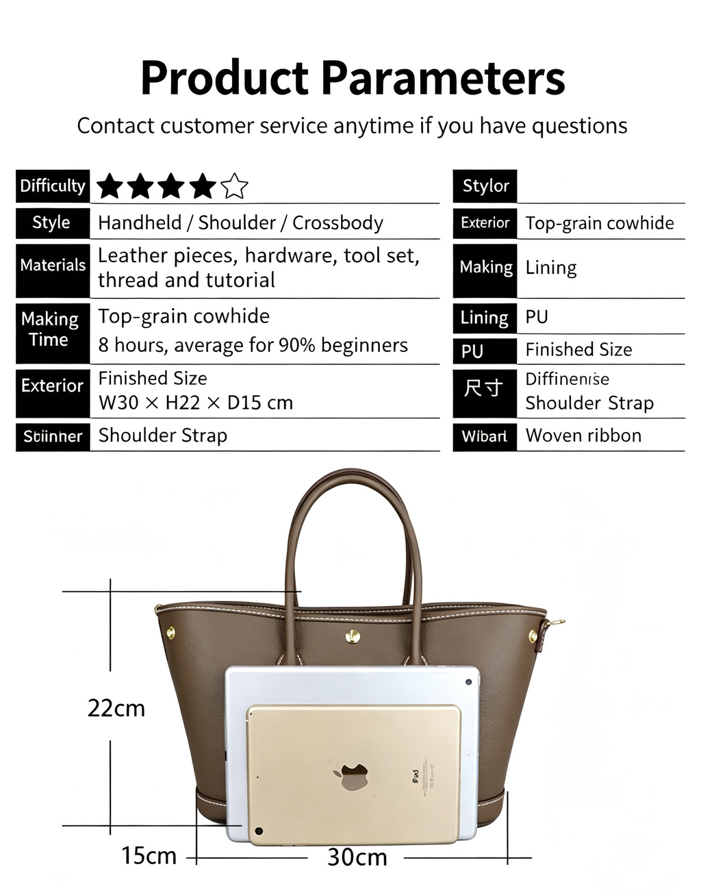 DIY Leather Handbag Kit – Beginner Top-Grain Cowhide Tote & Crossbody Bag