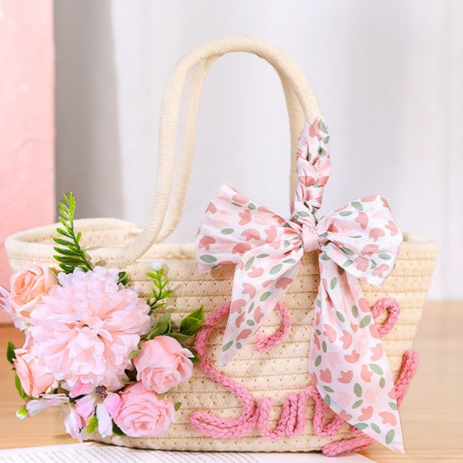 DIY Floral Straw Woven Bag Kit | Handmade Flower Weaving Tote Craft Set with Artificial Flowers | Spring & Summer Travel Fashion Bag Gift
