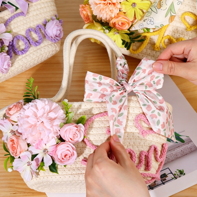 DIY Floral Straw Woven Bag Kit | Handmade Flower Weaving Tote Craft Set with Artificial Flowers | Spring & Summer Travel Fashion Bag Gift