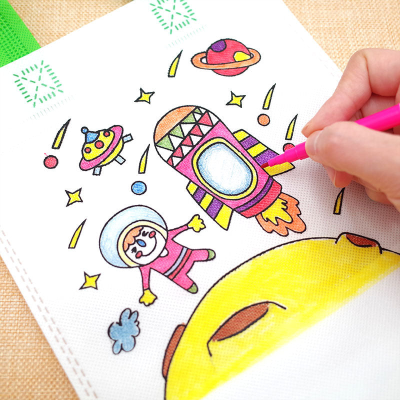 DIY Cartoon Coloring Tote Bag Kit for Kids – Creative Non-Woven Fabric Painting Handbag with Markers