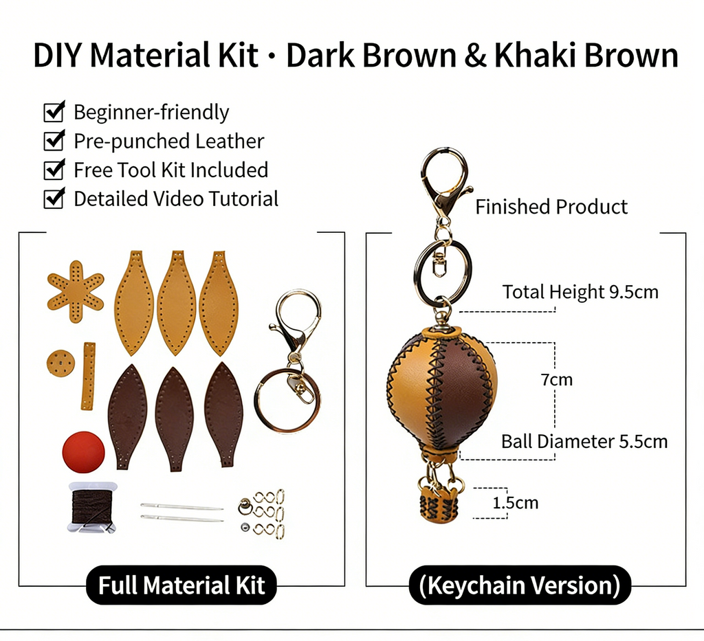 DIY Genuine Leather Keychain Charm Kit for Beginners – Handmade Bag Charm & Keyring Craft Kit with Pre-Cut Materials and Video Tutorial