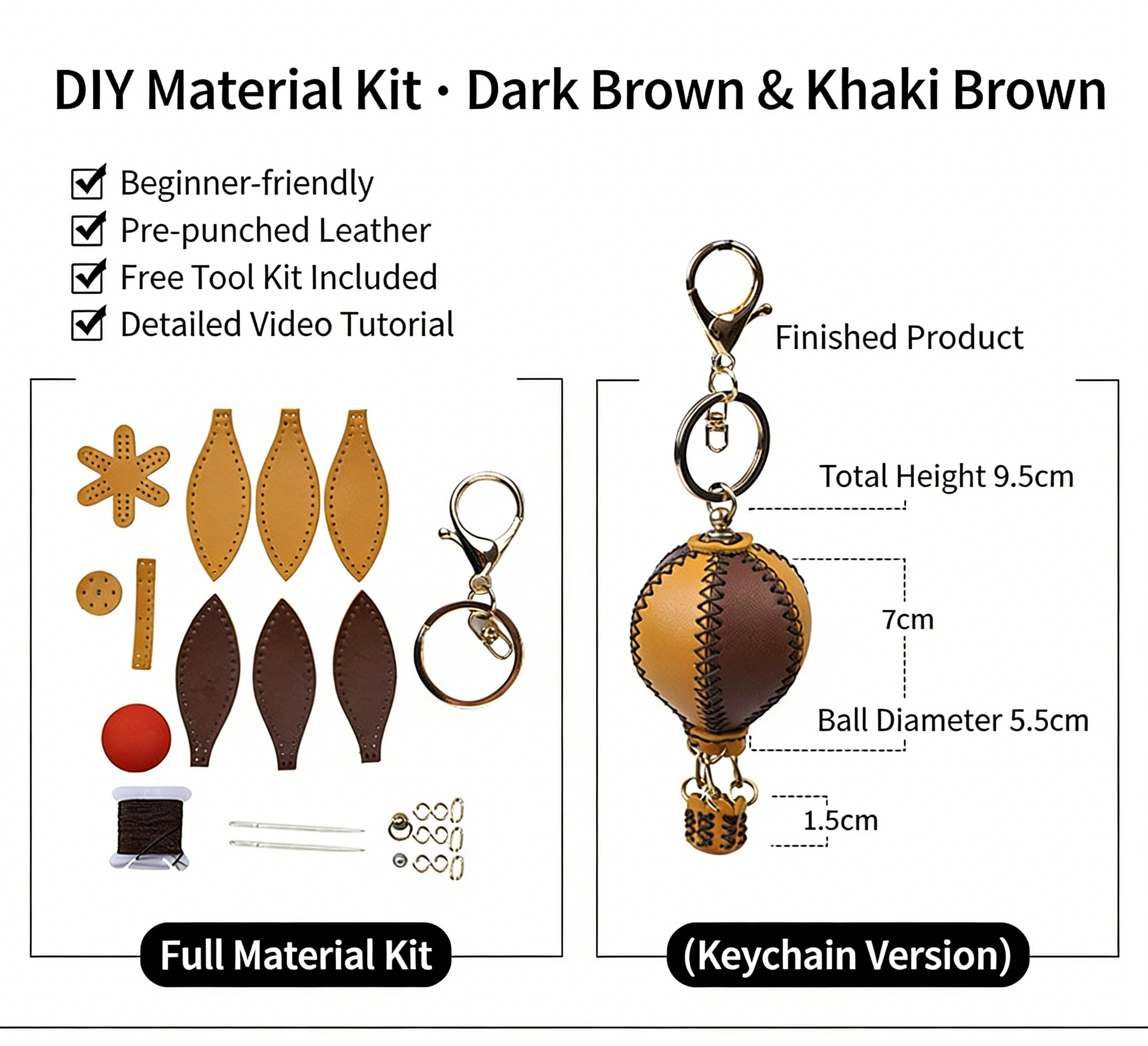 DIY Genuine Leather Keychain Charm Kit for Beginners – Handmade Bag Charm & Keyring Craft Kit with Pre-Cut Materials and Video Tutorial
